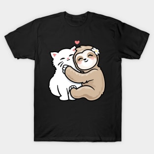 Sloth Hugging Kitty Cat Funny Cute Best Friend T-Shirt